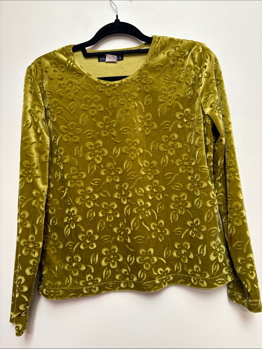 Vintage Crush Velvet Olive Green Woman’s Floral Long Sleeve Shirt Sz M